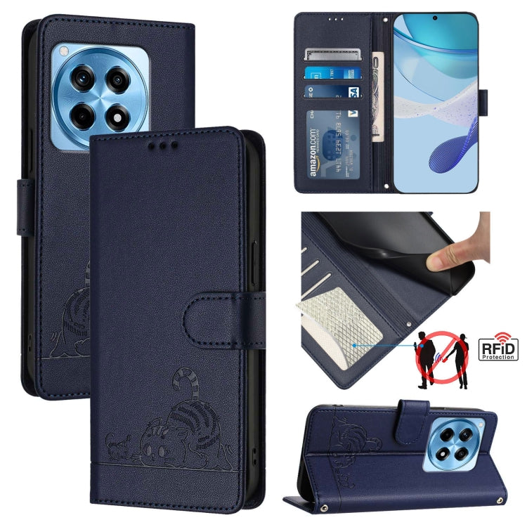 For OnePlus 12R 5G Global Cat Rat Embossed Pattern RFID Leather Phone Case with Lanyard(Blue) - OnePlus Cases by buy2fix | Online Shopping UK | buy2fix