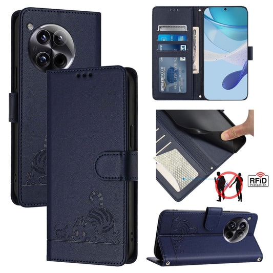 For OnePlus 12 5G Global Cat Rat Embossed Pattern RFID Leather Phone Case with Lanyard(Blue) - OnePlus Cases by buy2fix | Online Shopping UK | buy2fix