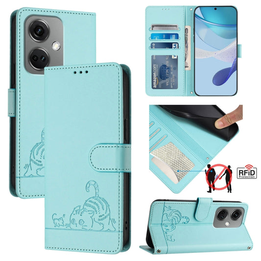 For OnePlus Nord CE3 5G India Cat Rat Embossed Pattern RFID Leather Phone Case with Lanyard(Mint Green) - OnePlus Cases by buy2fix | Online Shopping UK | buy2fix
