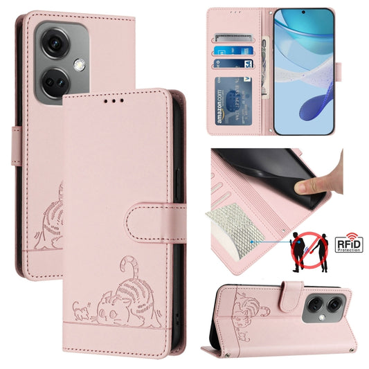 For OnePlus Nord CE3 5G India Cat Rat Embossed Pattern RFID Leather Phone Case with Lanyard(Pink) - OnePlus Cases by buy2fix | Online Shopping UK | buy2fix