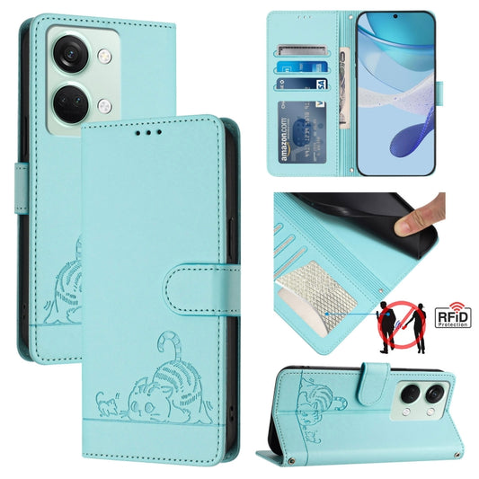 For OnePlus Ace 2V / Nord 3 Cat Rat Embossed Pattern RFID Leather Phone Case with Lanyard(Mint Green) - OnePlus Cases by buy2fix | Online Shopping UK | buy2fix