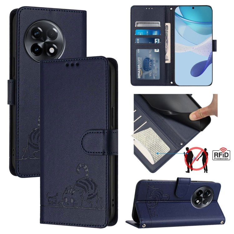 For OnePlus 11R 5G Global Cat Rat Embossed Pattern RFID Leather Phone Case with Lanyard(Blue) - OnePlus Cases by buy2fix | Online Shopping UK | buy2fix
