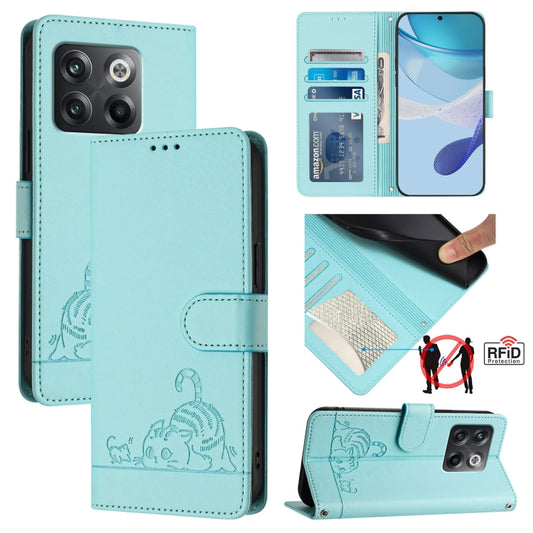 For OnePlus Ace Pro 5G Cat Rat Embossed Pattern RFID Leather Phone Case with Lanyard(Mint Green) - OnePlus Cases by buy2fix | Online Shopping UK | buy2fix