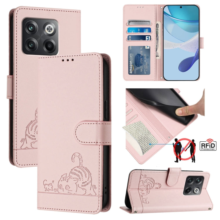 For OnePlus 10T 5G Global Cat Rat Embossed Pattern RFID Leather Phone Case with Lanyard(Pink) - OnePlus Cases by buy2fix | Online Shopping UK | buy2fix