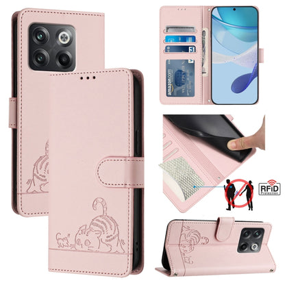 For OnePlus 10T 5G Global Cat Rat Embossed Pattern RFID Leather Phone Case with Lanyard(Pink) - OnePlus Cases by buy2fix | Online Shopping UK | buy2fix