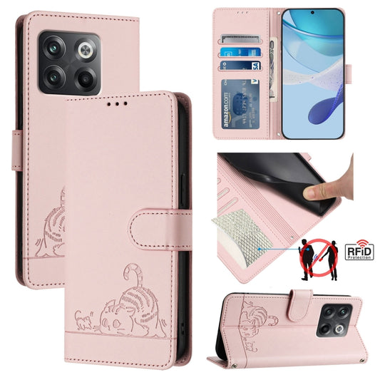 For OnePlus 10T 5G Global Cat Rat Embossed Pattern RFID Leather Phone Case with Lanyard(Pink) - OnePlus Cases by buy2fix | Online Shopping UK | buy2fix