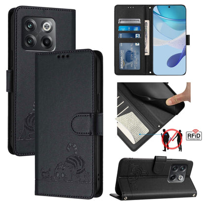 For OnePlus 10T 5G Global Cat Rat Embossed Pattern RFID Leather Phone Case with Lanyard(Black) - OnePlus Cases by buy2fix | Online Shopping UK | buy2fix