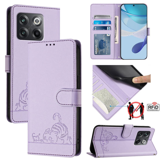For OnePlus 10T 5G Global Cat Rat Embossed Pattern RFID Leather Phone Case with Lanyard(Purple) - OnePlus Cases by buy2fix | Online Shopping UK | buy2fix