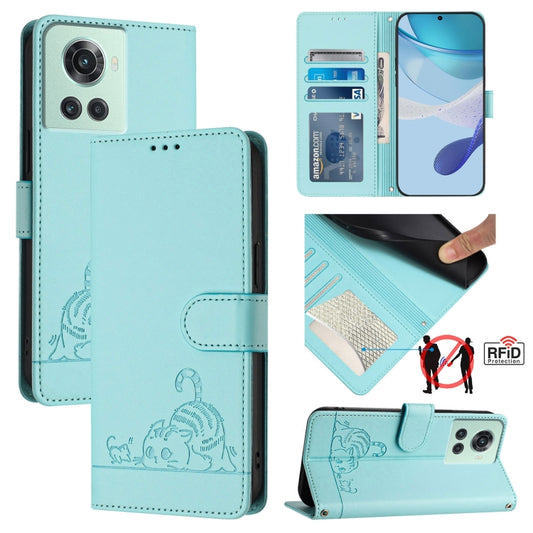For OnePlus 10R / ACE / 10R Prime Cat Rat Embossed Pattern RFID Leather Phone Case with Lanyard(Mint Green) - OnePlus Cases by buy2fix | Online Shopping UK | buy2fix