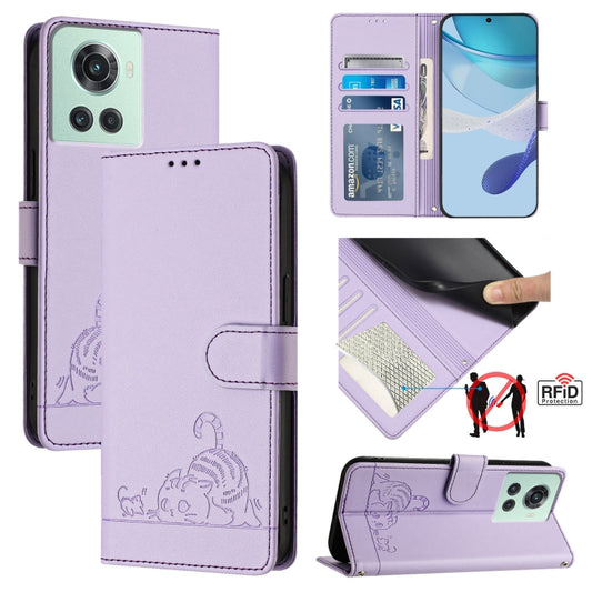For OnePlus 10R / ACE / 10R Prime Cat Rat Embossed Pattern RFID Leather Phone Case with Lanyard(Purple) - OnePlus Cases by buy2fix | Online Shopping UK | buy2fix