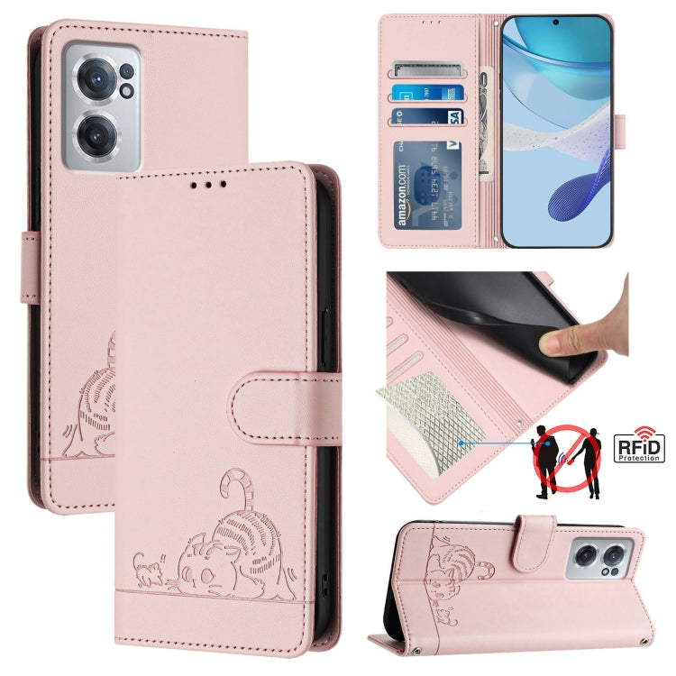 For OnePlus Nord CE 2 5G Cat Rat Embossed Pattern RFID Leather Phone Case with Lanyard(Pink) - OnePlus Cases by buy2fix | Online Shopping UK | buy2fix