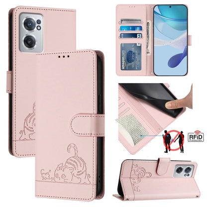 For OnePlus Nord CE 2 5G Cat Rat Embossed Pattern RFID Leather Phone Case with Lanyard(Pink) - OnePlus Cases by buy2fix | Online Shopping UK | buy2fix
