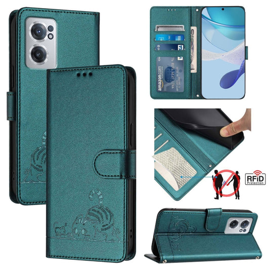 For OnePlus Nord CE 2 5G Cat Rat Embossed Pattern RFID Leather Phone Case with Lanyard(Peacock Green) - OnePlus Cases by buy2fix | Online Shopping UK | buy2fix