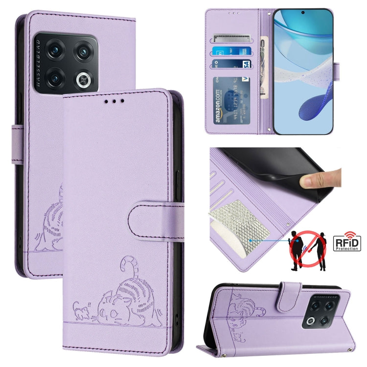 For OnePlus 10 Pro 5G Cat Rat Embossed Pattern RFID Leather Phone Case with Lanyard(Purple) - OnePlus Cases by buy2fix | Online Shopping UK | buy2fix