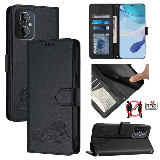 For OnePlus Nord N20 5G Cat Rat Embossed Pattern RFID Leather Phone Case with Lanyard(Black) - OnePlus Cases by buy2fix | Online Shopping UK | buy2fix