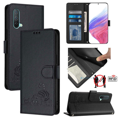 For OnePlus Nord CE 5G Cat Rat Embossed Pattern RFID Leather Phone Case with Lanyard(Black) - OnePlus Cases by buy2fix | Online Shopping UK | buy2fix