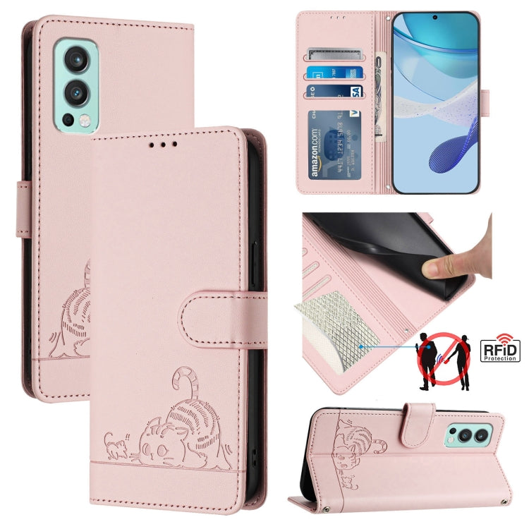 For OnePlus Nord 2 Cat Rat Embossed Pattern RFID Leather Phone Case with Lanyard(Pink) - OnePlus Cases by buy2fix | Online Shopping UK | buy2fix