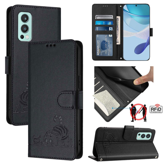 For OnePlus Nord 2 Cat Rat Embossed Pattern RFID Leather Phone Case with Lanyard(Black) - OnePlus Cases by buy2fix | Online Shopping UK | buy2fix