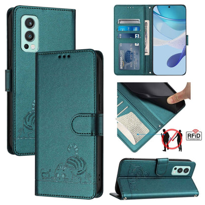 For OnePlus Nord 2 Cat Rat Embossed Pattern RFID Leather Phone Case with Lanyard(Peacock Green) - OnePlus Cases by buy2fix | Online Shopping UK | buy2fix