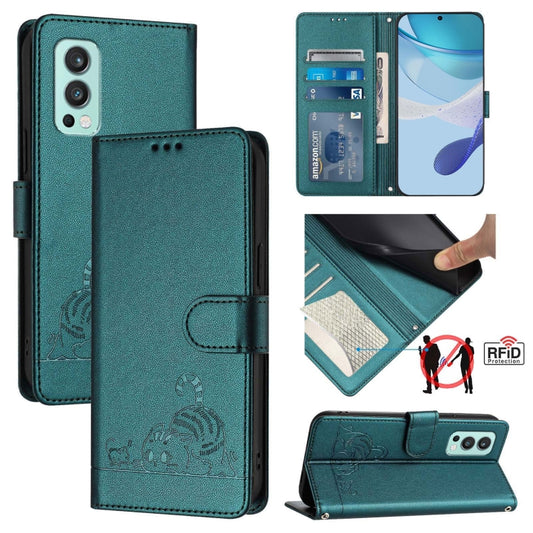 For OnePlus Nord 2 Cat Rat Embossed Pattern RFID Leather Phone Case with Lanyard(Peacock Green) - OnePlus Cases by buy2fix | Online Shopping UK | buy2fix
