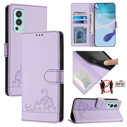 For OnePlus Nord 2 Cat Rat Embossed Pattern RFID Leather Phone Case with Lanyard(Purple) - OnePlus Cases by buy2fix | Online Shopping UK | buy2fix