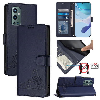 For OnePlus 9 Pro Cat Rat Embossed Pattern RFID Leather Phone Case with Lanyard(Blue) - OnePlus Cases by buy2fix | Online Shopping UK | buy2fix