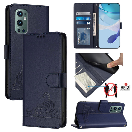 For OnePlus 9 Pro Cat Rat Embossed Pattern RFID Leather Phone Case with Lanyard(Blue) - OnePlus Cases by buy2fix | Online Shopping UK | buy2fix