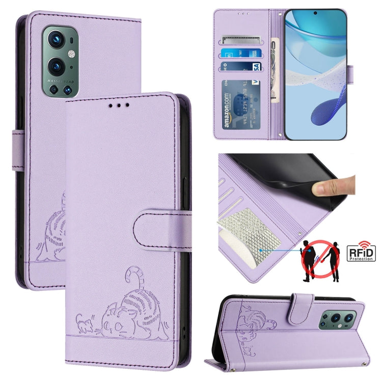 For OnePlus 9 Pro Cat Rat Embossed Pattern RFID Leather Phone Case with Lanyard(Purple) - OnePlus Cases by buy2fix | Online Shopping UK | buy2fix