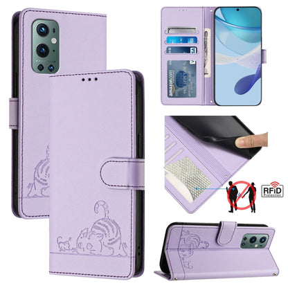 For OnePlus 9 Pro Cat Rat Embossed Pattern RFID Leather Phone Case with Lanyard(Purple) - OnePlus Cases by buy2fix | Online Shopping UK | buy2fix