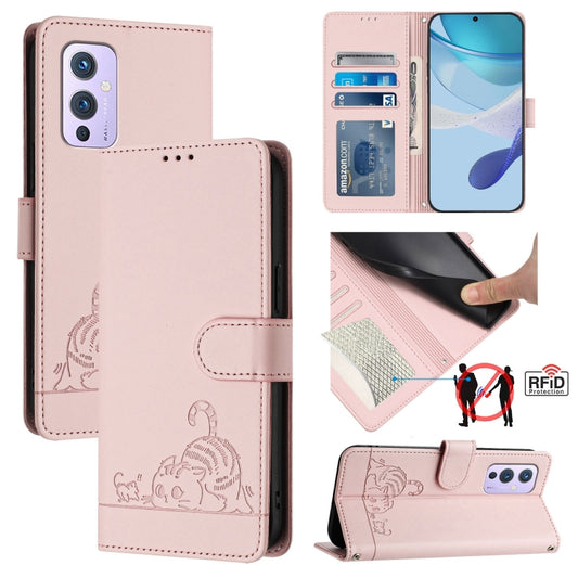 For OnePlus 9 Cat Rat Embossed Pattern RFID Leather Phone Case with Lanyard(Pink) - OnePlus Cases by buy2fix | Online Shopping UK | buy2fix