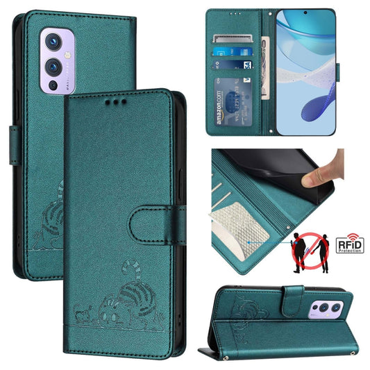 For OnePlus 9 Cat Rat Embossed Pattern RFID Leather Phone Case with Lanyard(Peacock Green) - OnePlus Cases by buy2fix | Online Shopping UK | buy2fix