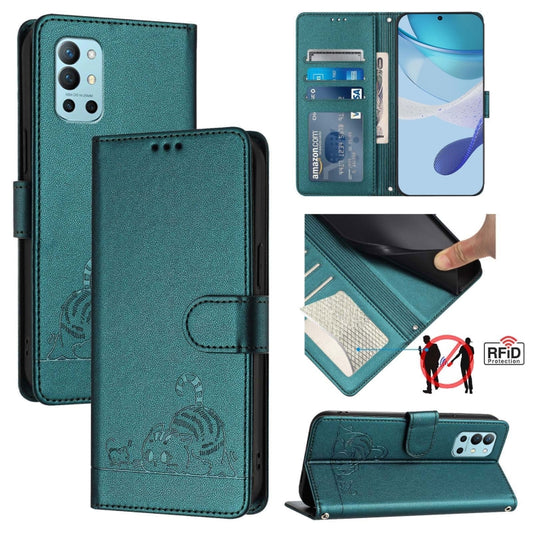 For OnePlus 9R / 8T Cat Rat Embossed Pattern RFID Leather Phone Case with Lanyard(Peacock Green) - OnePlus Cases by buy2fix | Online Shopping UK | buy2fix
