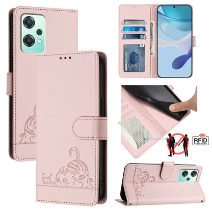 For OnePlus Nord 2 Lite Cat Rat Embossed Pattern RFID Leather Phone Case with Lanyard(Pink) - OnePlus Cases by buy2fix | Online Shopping UK | buy2fix