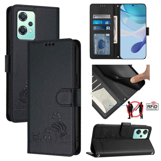 For OnePlus Nord 2 Lite Cat Rat Embossed Pattern RFID Leather Phone Case with Lanyard(Black) - OnePlus Cases by buy2fix | Online Shopping UK | buy2fix