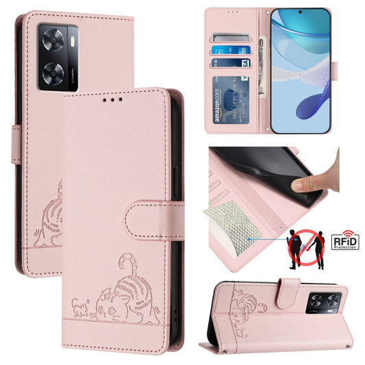 For OnePlus Nord N20 SE 4G Global Cat Rat Embossed Pattern RFID Leather Phone Case with Lanyard(Pink) - OnePlus Cases by buy2fix | Online Shopping UK | buy2fix