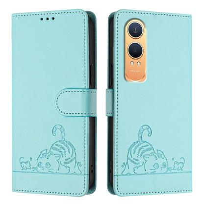 For OnePlus Nord CE4 Lite Cat Rat Embossed Pattern RFID Leather Phone Case with Lanyard(Mint Green) - Nord CE4 Lite Cases by buy2fix | Online Shopping UK | buy2fix