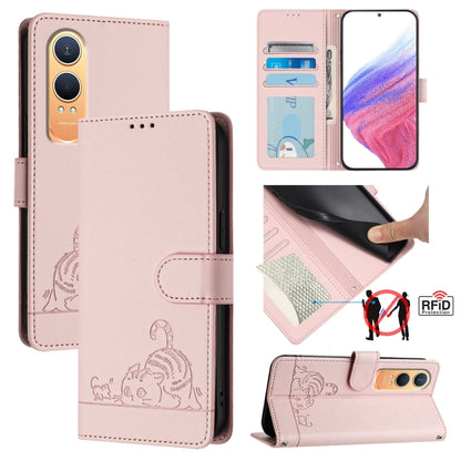 For OnePlus Nord CE4 Lite Cat Rat Embossed Pattern RFID Leather Phone Case with Lanyard(Pink) - Nord CE4 Lite Cases by buy2fix | Online Shopping UK | buy2fix