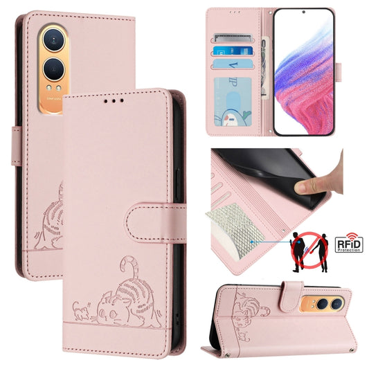 For OnePlus Nord CE4 Lite Cat Rat Embossed Pattern RFID Leather Phone Case with Lanyard(Pink) - Nord CE4 Lite Cases by buy2fix | Online Shopping UK | buy2fix