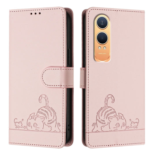 For OnePlus Nord CE4 Lite Cat Rat Embossed Pattern RFID Leather Phone Case with Lanyard(Pink) - Nord CE4 Lite Cases by buy2fix | Online Shopping UK | buy2fix