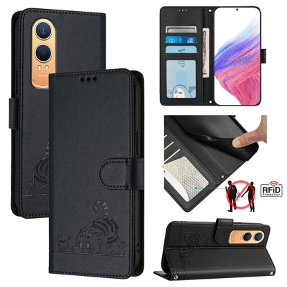For OnePlus Nord CE4 Lite Cat Rat Embossed Pattern RFID Leather Phone Case with Lanyard(Black) - Nord CE4 Lite Cases by buy2fix | Online Shopping UK | buy2fix
