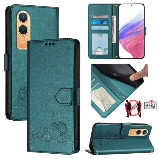 For OnePlus Nord CE4 Lite Cat Rat Embossed Pattern RFID Leather Phone Case with Lanyard(Peacock Green) - Nord CE4 Lite Cases by buy2fix | Online Shopping UK | buy2fix