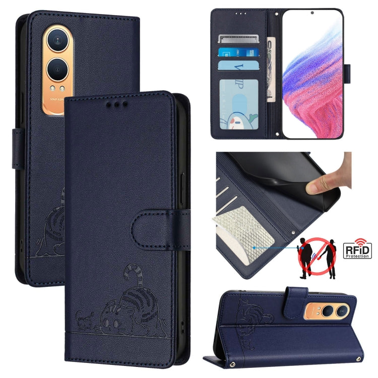 For OnePlus Nord CE4 Lite Cat Rat Embossed Pattern RFID Leather Phone Case with Lanyard(Blue) - OnePlus Cases by buy2fix | Online Shopping UK | buy2fix