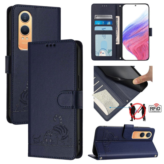 For OnePlus Nord CE4 Lite Cat Rat Embossed Pattern RFID Leather Phone Case with Lanyard(Blue) - OnePlus Cases by buy2fix | Online Shopping UK | buy2fix