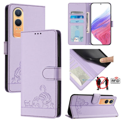 For OnePlus Nord CE4 Lite Cat Rat Embossed Pattern RFID Leather Phone Case with Lanyard(Purple) - Nord CE4 Lite Cases by buy2fix | Online Shopping UK | buy2fix
