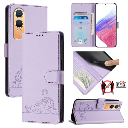 For OnePlus Nord CE4 Lite Cat Rat Embossed Pattern RFID Leather Phone Case with Lanyard(Purple) - Nord CE4 Lite Cases by buy2fix | Online Shopping UK | buy2fix