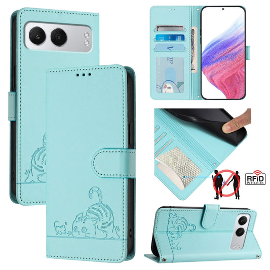 For OnePlus Nord 4 5G Cat Rat Embossed Pattern RFID Leather Phone Case with Lanyard(Mint Green) - Nord 4 Cases by buy2fix | Online Shopping UK | buy2fix