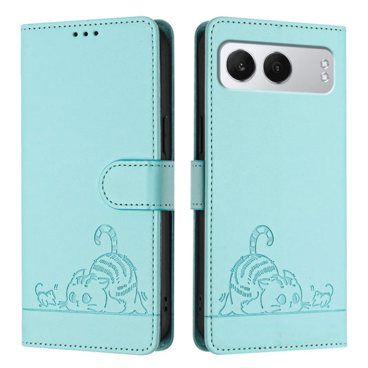 For OnePlus Nord 4 5G Cat Rat Embossed Pattern RFID Leather Phone Case with Lanyard(Mint Green) - Nord 4 Cases by buy2fix | Online Shopping UK | buy2fix
