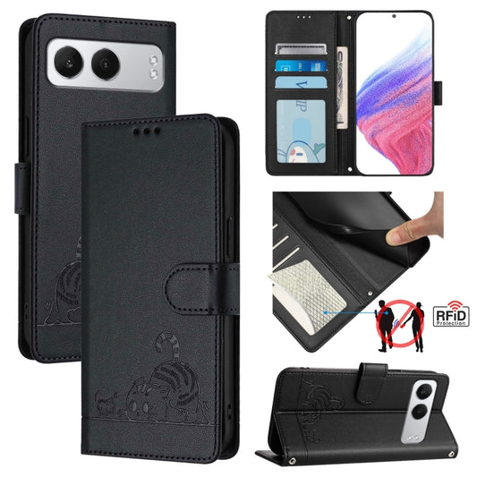 For OnePlus Nord 4 5G Cat Rat Embossed Pattern RFID Leather Phone Case with Lanyard(Black) - Nord 4 Cases by buy2fix | Online Shopping UK | buy2fix