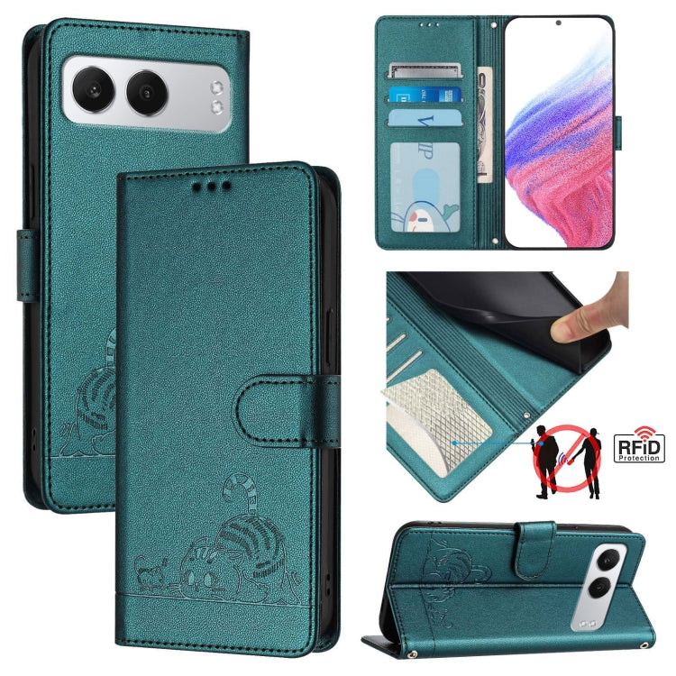 For OnePlus Nord 4 5G Cat Rat Embossed Pattern RFID Leather Phone Case with Lanyard(Peacock Green) - Nord 4 Cases by buy2fix | Online Shopping UK | buy2fix