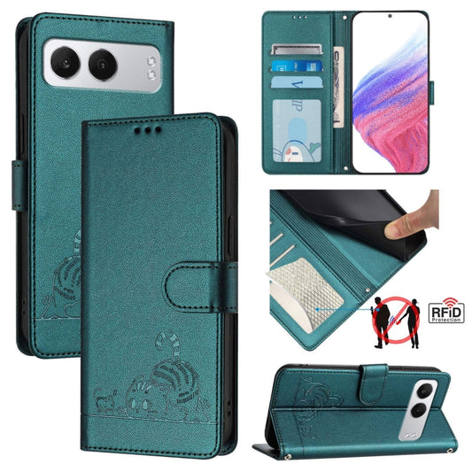 For OnePlus Nord 4 5G Cat Rat Embossed Pattern RFID Leather Phone Case with Lanyard(Peacock Green) - Nord 4 Cases by buy2fix | Online Shopping UK | buy2fix